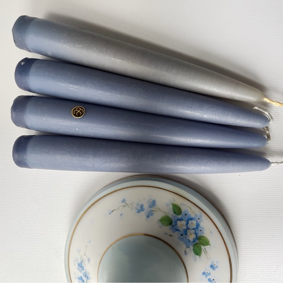 1918 Noritake Antique Candlestick Holder Aqua Porcelain & 4 Periwinkle Candles - Picture 5 of 8